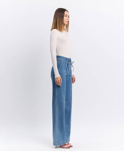 VERVET by FLYING MONKEY - SUPER HIGH RISE TIE WAISTBAND WIDE LEG JEANS T6765