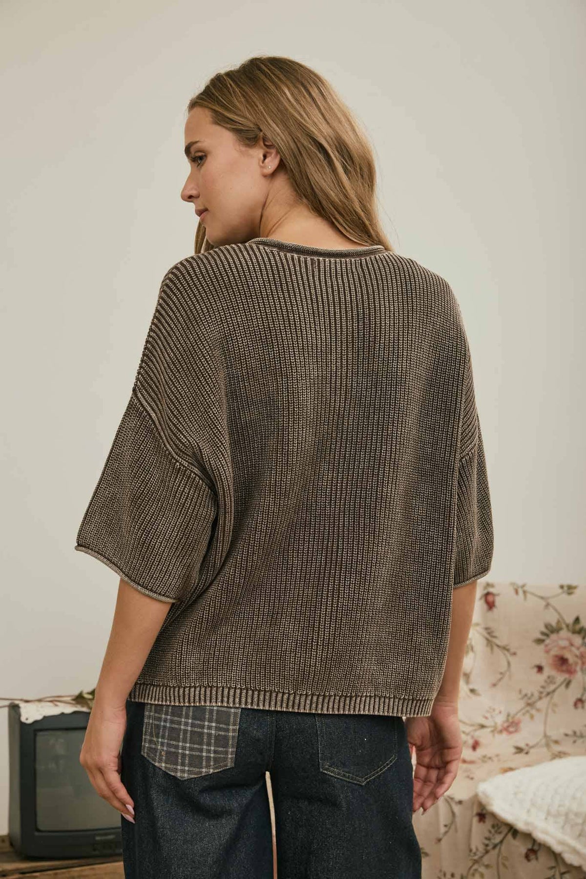 WASHED RIBBED SHORT SLEEVE ROLLED EDGE CARDIGAN