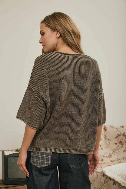 WASHED RIBBED SHORT SLEEVE ROLLED EDGE CARDIGAN