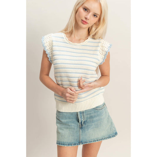 Scalloped Striped Ruffle Sleeve Top