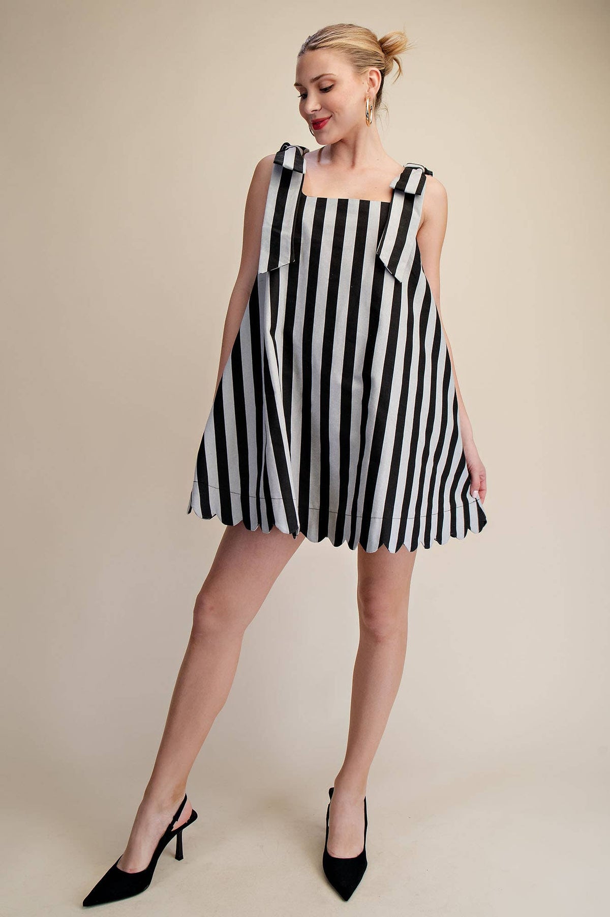 Glam - Scoop Neck Bow Shoulder Scallop Mini Dress