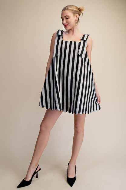 Glam - Scoop Neck Bow Shoulder Scallop Mini Dress