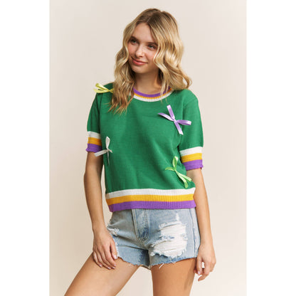 MARDI GRAS BOW DETAIL SHORT SLEEVE PULLOVER TOP
