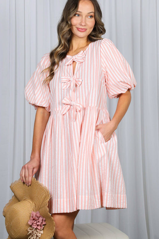 Bow Tie Front Striped Baby Doll Mini Dress