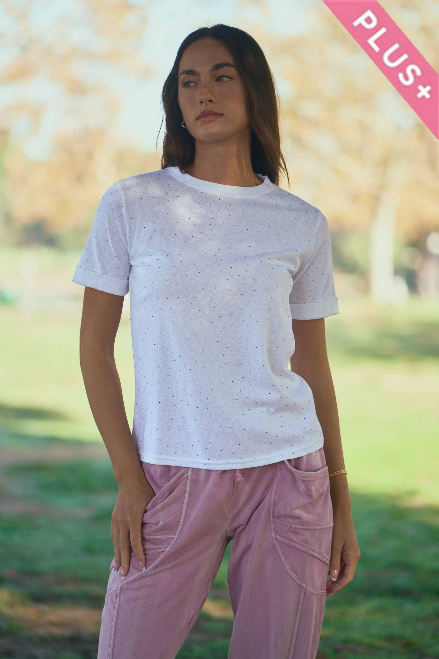 Davi & Dani - PLUS RHINESTONE EMBELLISHED RELAXED CREW NECK TEE