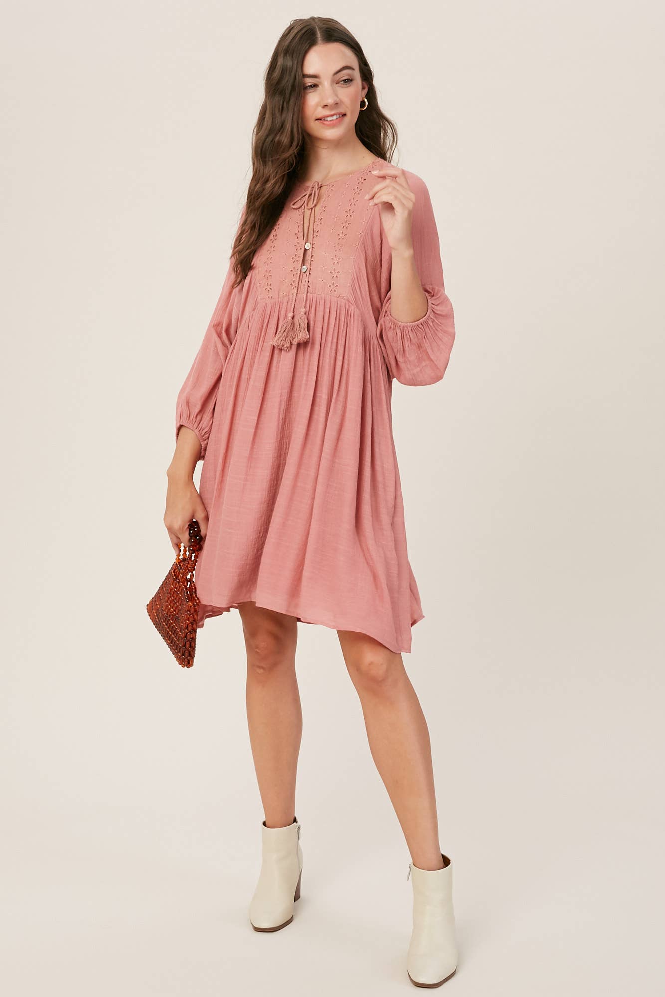 Listicle - Embroidered Tassel Tie Babydoll Dress