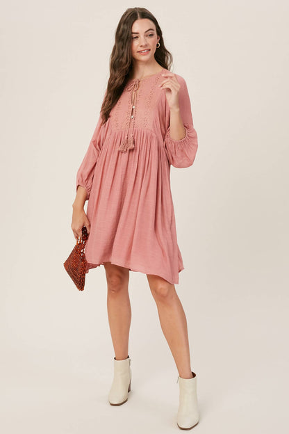 Listicle - Embroidered Tassel Tie Babydoll Dress