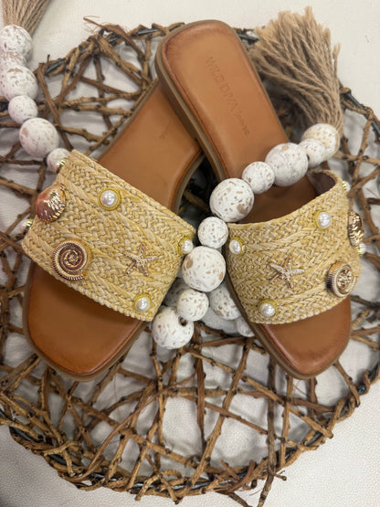 Coastal Charm Raffia Slide Sandals with Gold Embell