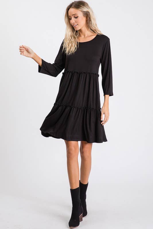 BLACK SOLID DRESS WITH RUFFLE DETAIL