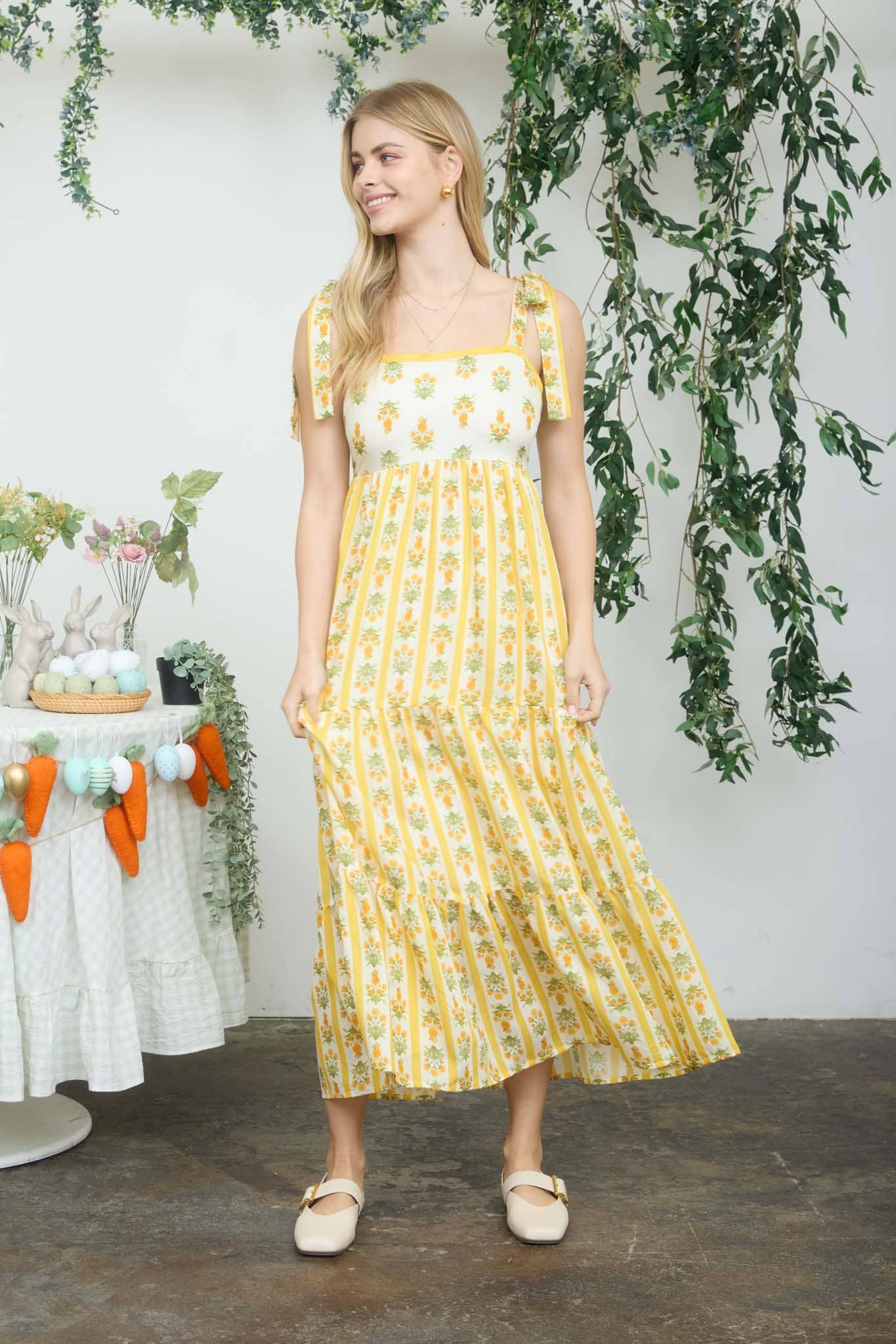 STRIPE FLORAL CONTRAST SLEEVELESS MIDI DRESS