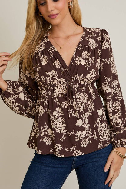 GILLI - V-NECK FRONT TIE LONG SLEEVE FLARE HEM FLORAL TOP