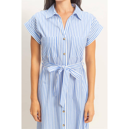 Striped Poplin Belted Shirt Dress With Pockets