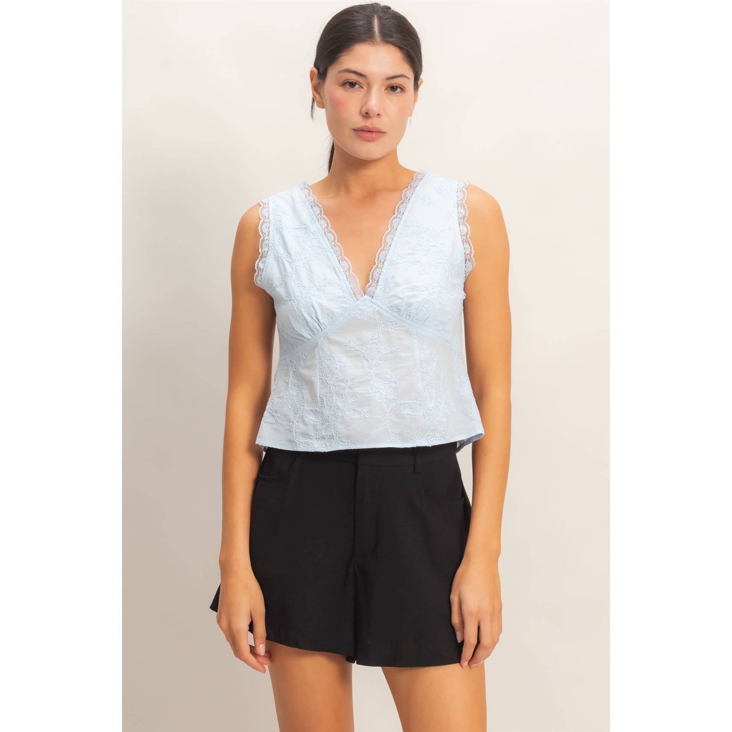 HYFVE - V-Neck Floral Lace Trim Top