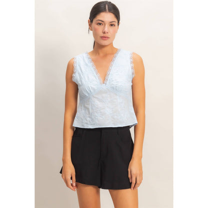 HYFVE - V-Neck Floral Lace Trim Top