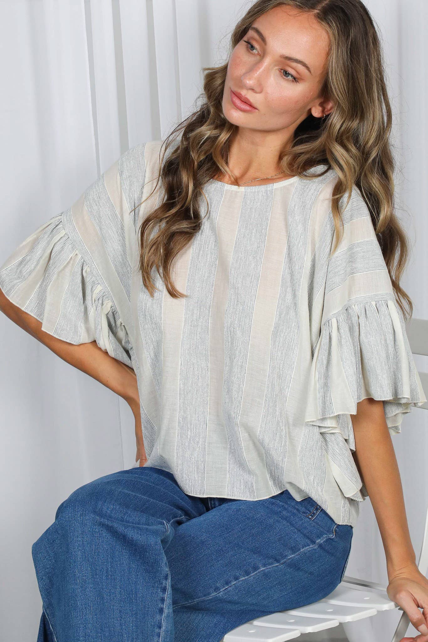 Wild Ruffle Embellished Sleeve Flowy Striped Top