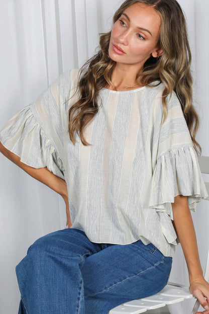 Wild Ruffle Embellished Sleeve Flowy Striped Top