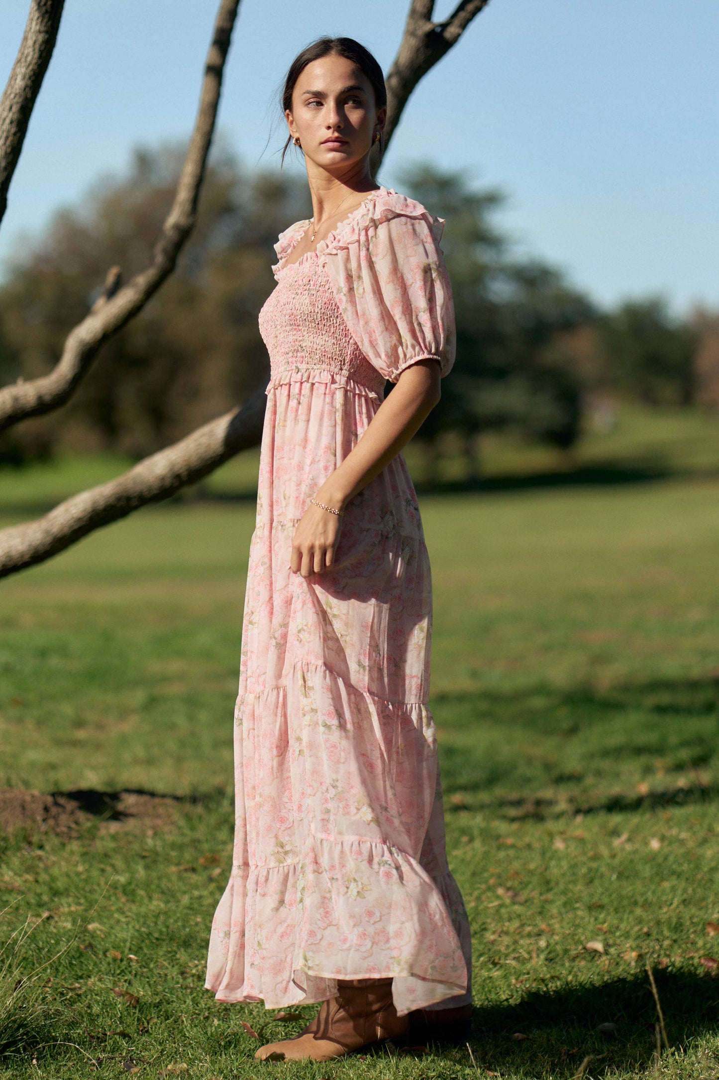 Davi & Dani - SMOCKED SQUARE NECK TIERED FLORAL MAXI DRESS