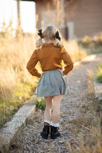 Wren & James - Kids Carmel Puff Sleeve Top & Bow Check Fall Skirt Set