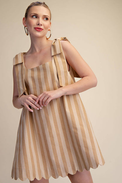 Glam - Scoop Neck Bow Shoulder Scallop Mini Dress