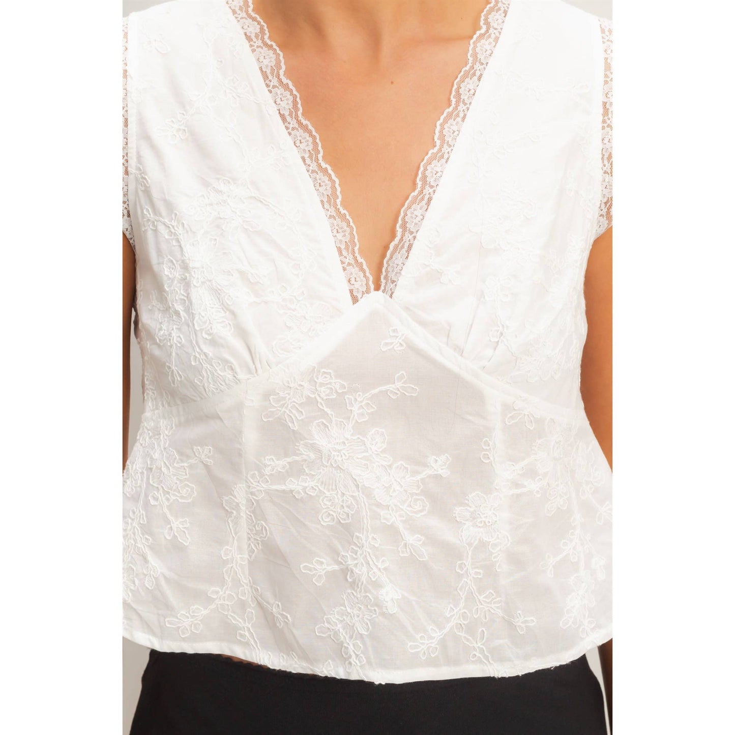 HYFVE - V-Neck Floral Lace Trim Top