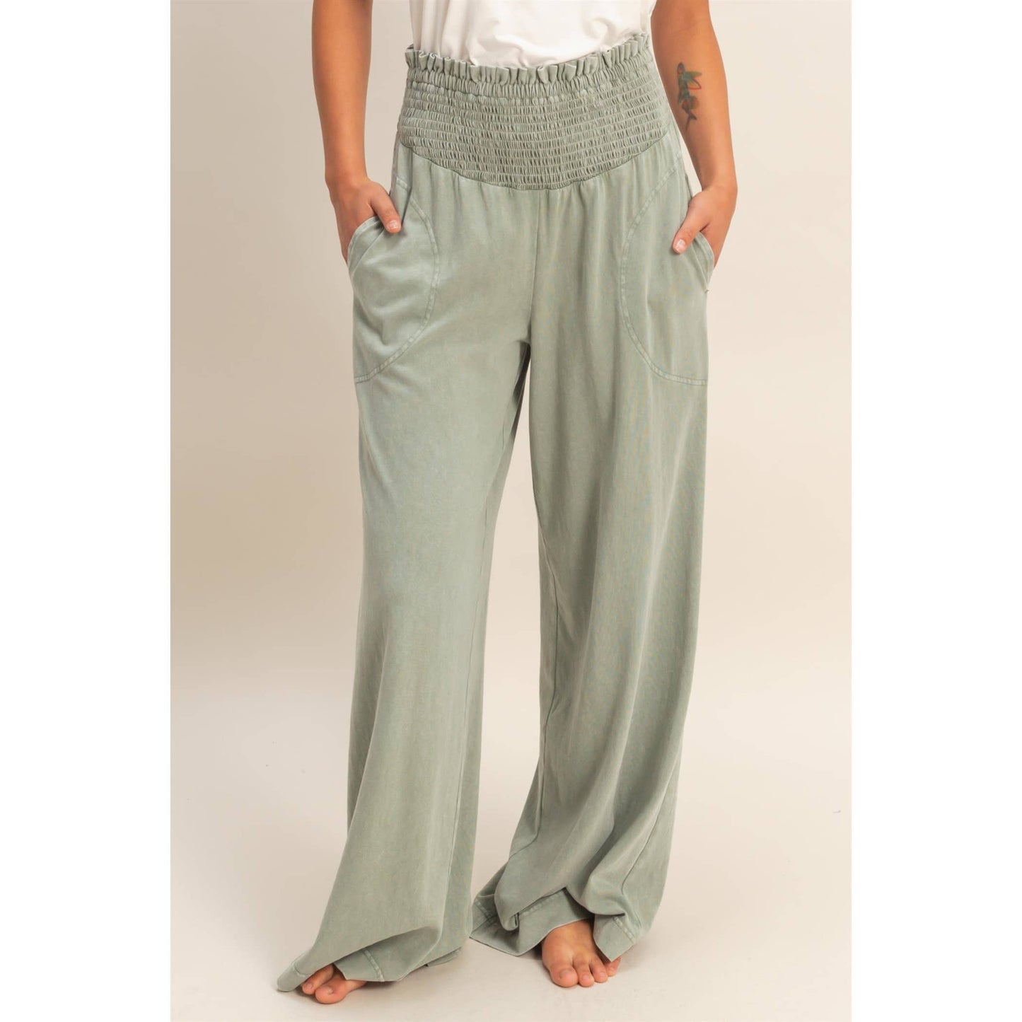 HYFVE - Mineral Washed Wide-Leg Smocked Waist Pants