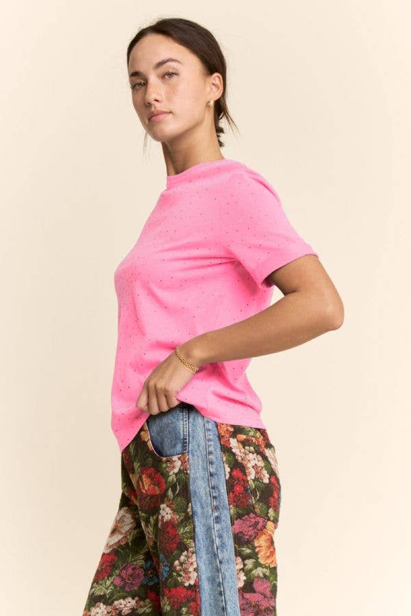 Davi & Dani - PLUS RHINESTONE EMBELLISHED RELAXED CREW NECK TEE