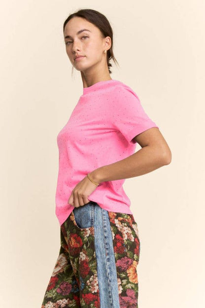 Davi & Dani - PLUS RHINESTONE EMBELLISHED RELAXED CREW NECK TEE