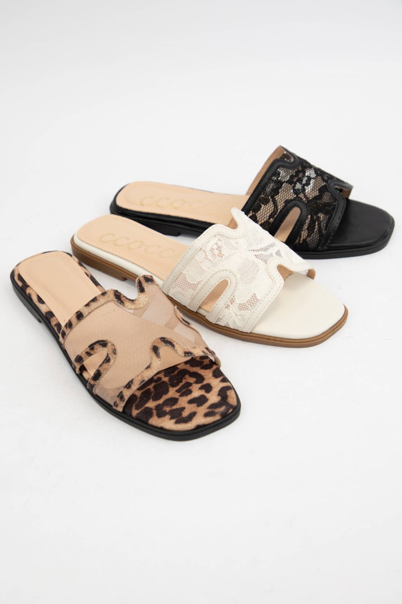 CCOCCI - BRITNEY Lace Mesh Sandals  H-Cutout Square Toe Slides