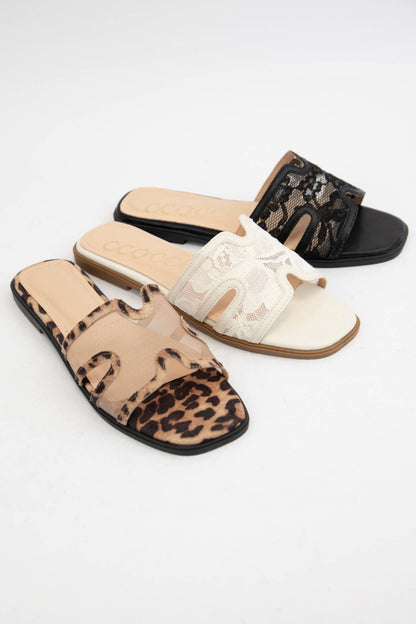 CCOCCI - BRITNEY Lace Mesh Sandals  H-Cutout Square Toe Slides