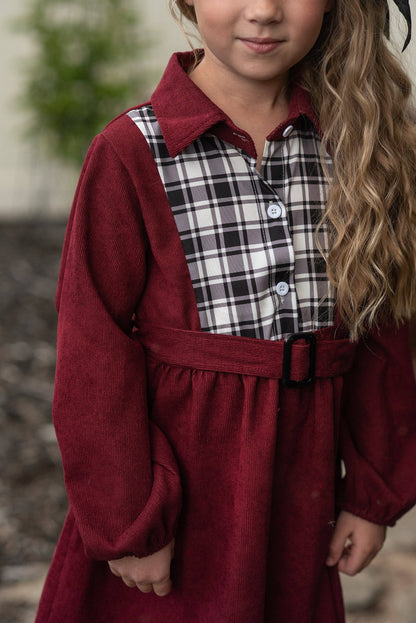 Wren & James - Kids Burgundy Black & White Plaid Yoke Long Sleeve Dress
