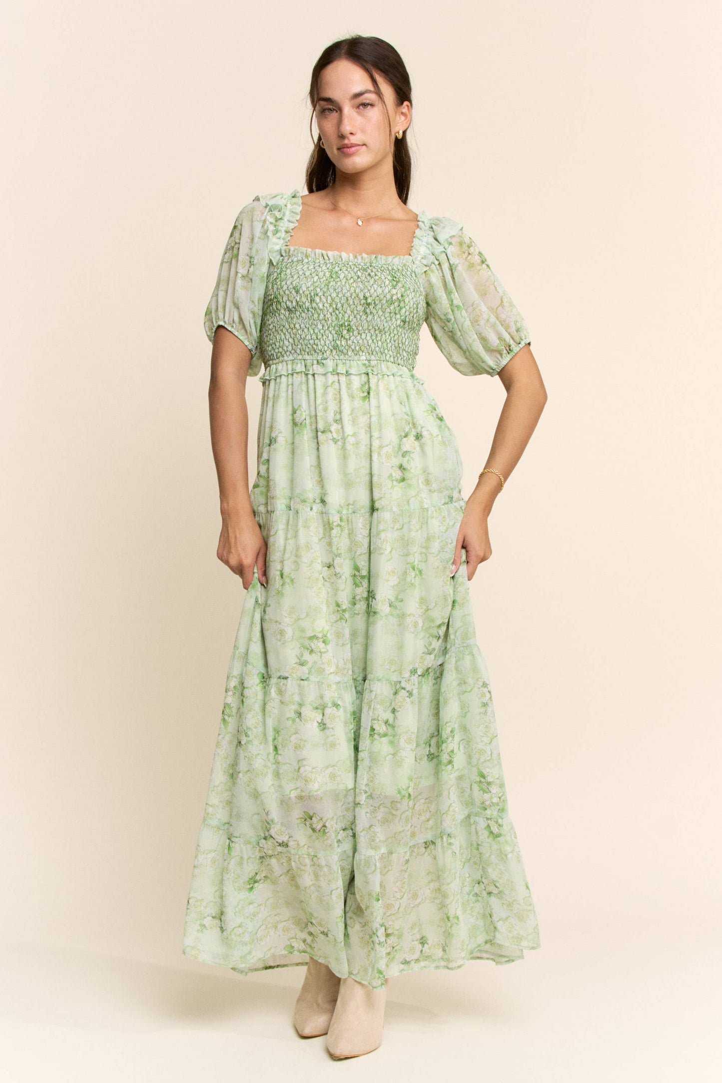 Davi & Dani - SMOCKED SQUARE NECK TIERED FLORAL MAXI DRESS