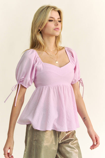 SOLID ELASTIC PEPLUM PUFFED SLEEVES BLOUSE TOP