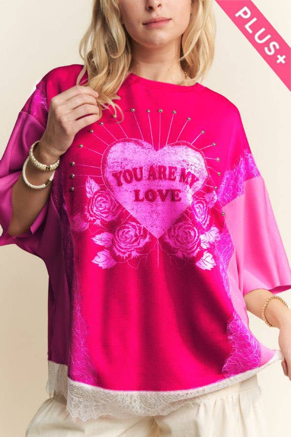 PLUS YOU ARE MY LOVE PRINT LACE SHORT SLEEVE TOP