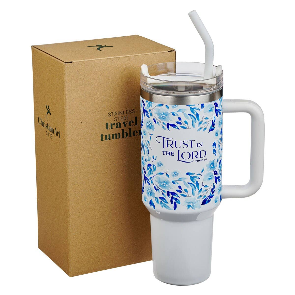 Christian Art Gifts - Tumbler w/straw SS Blue Floral Trust Prov. 3:5