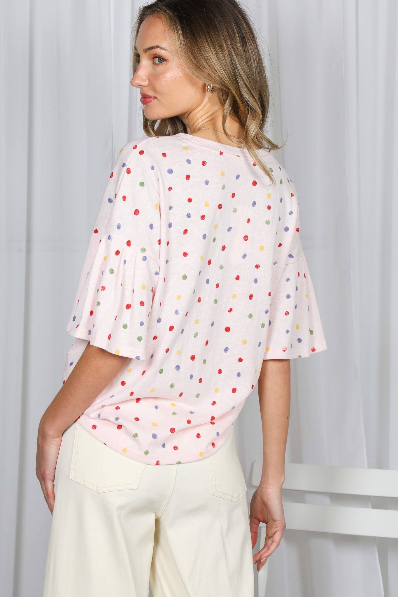 Vine & Love - Colorful Polka Dot Short Ruffle Sleeve Knit Top VT82765A