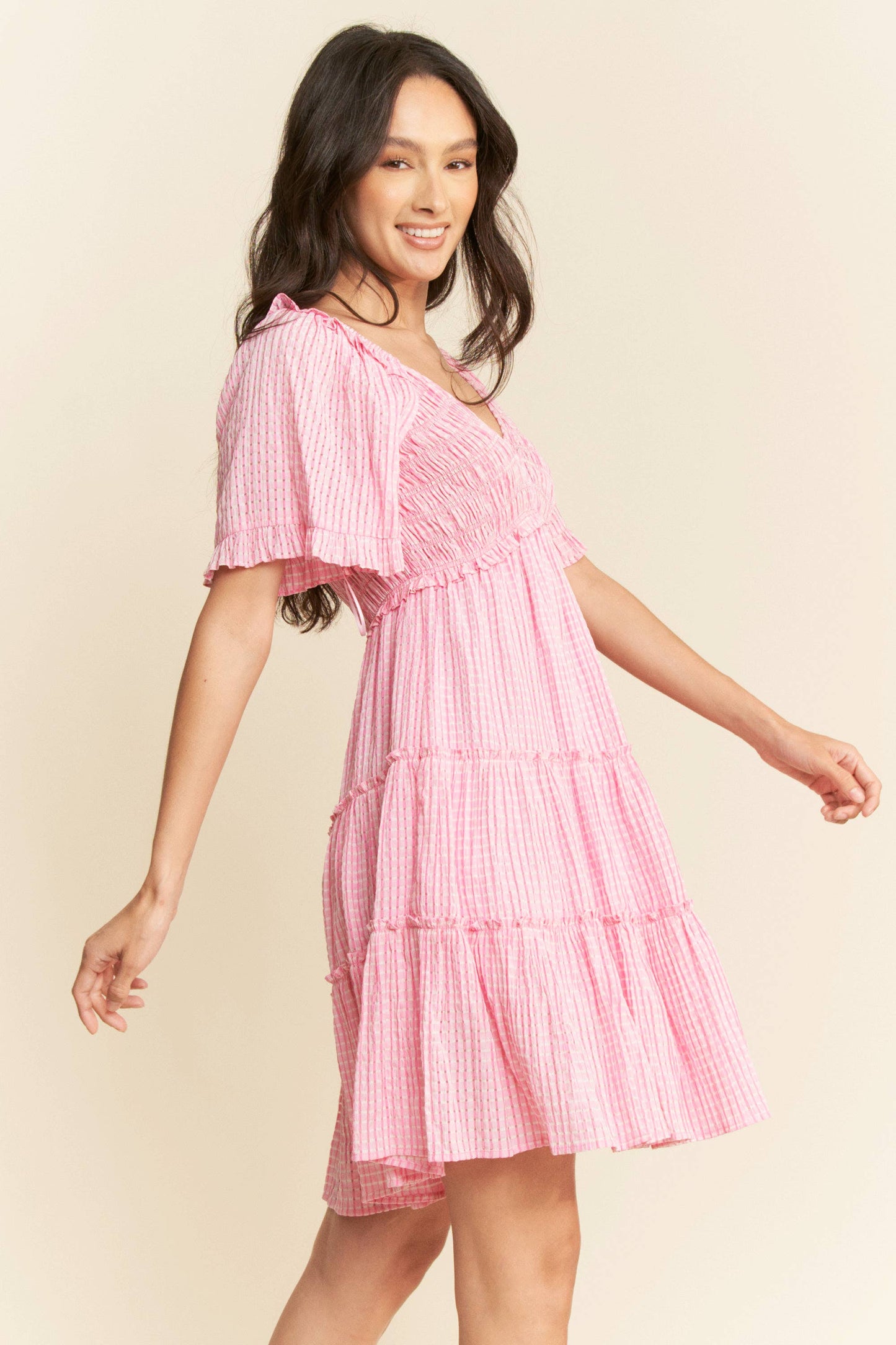 PLUS SMOCKING BODICE RUFFLE SLEEVE TIERED DRESS