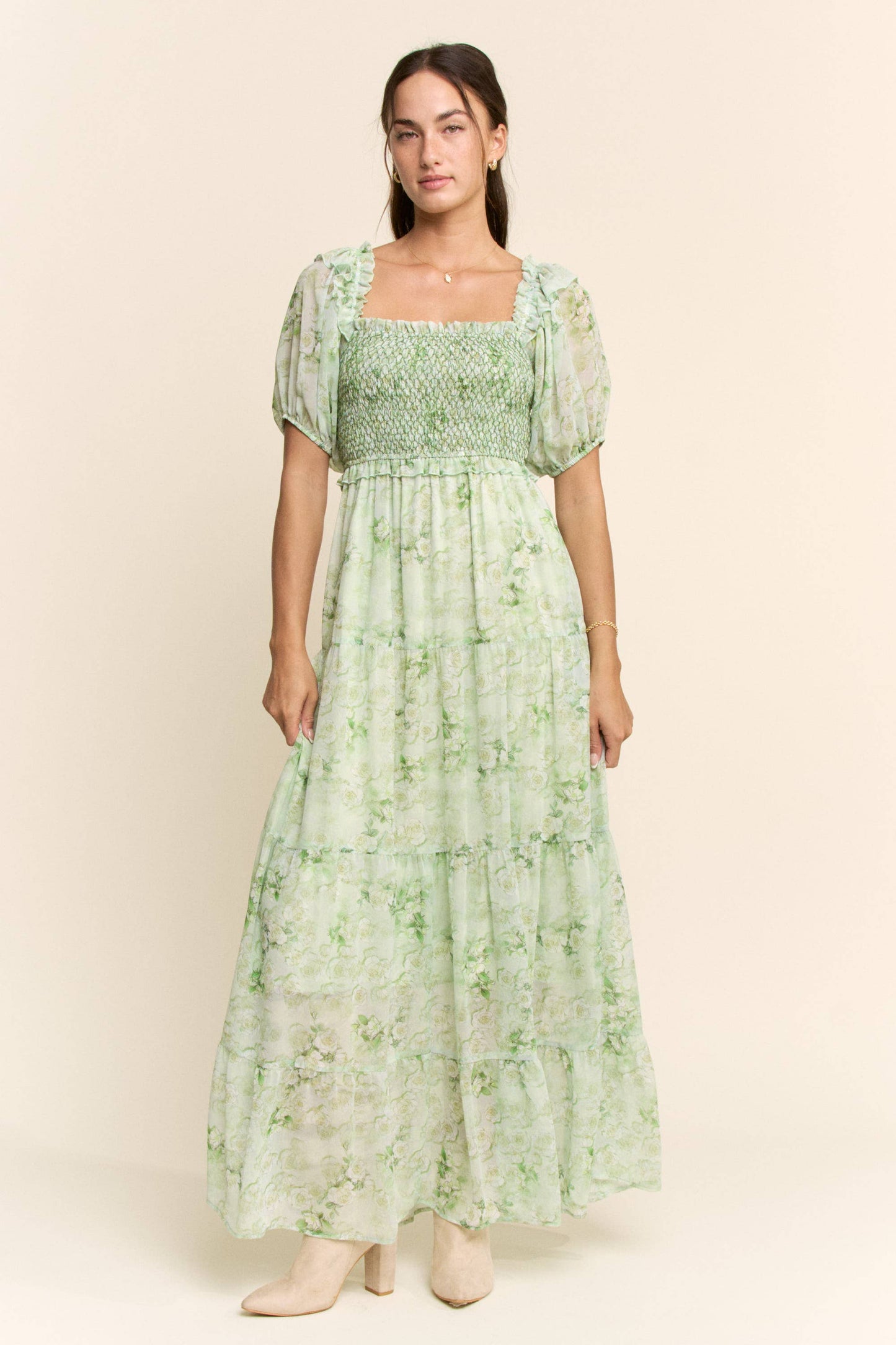Davi & Dani - SMOCKED SQUARE NECK TIERED FLORAL MAXI DRESS