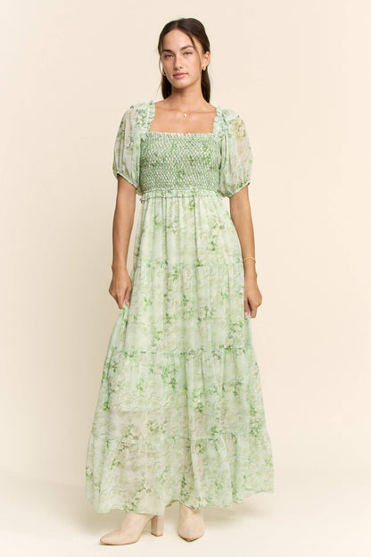 Davi & Dani - SMOCKED SQUARE NECK TIERED FLORAL MAXI DRESS