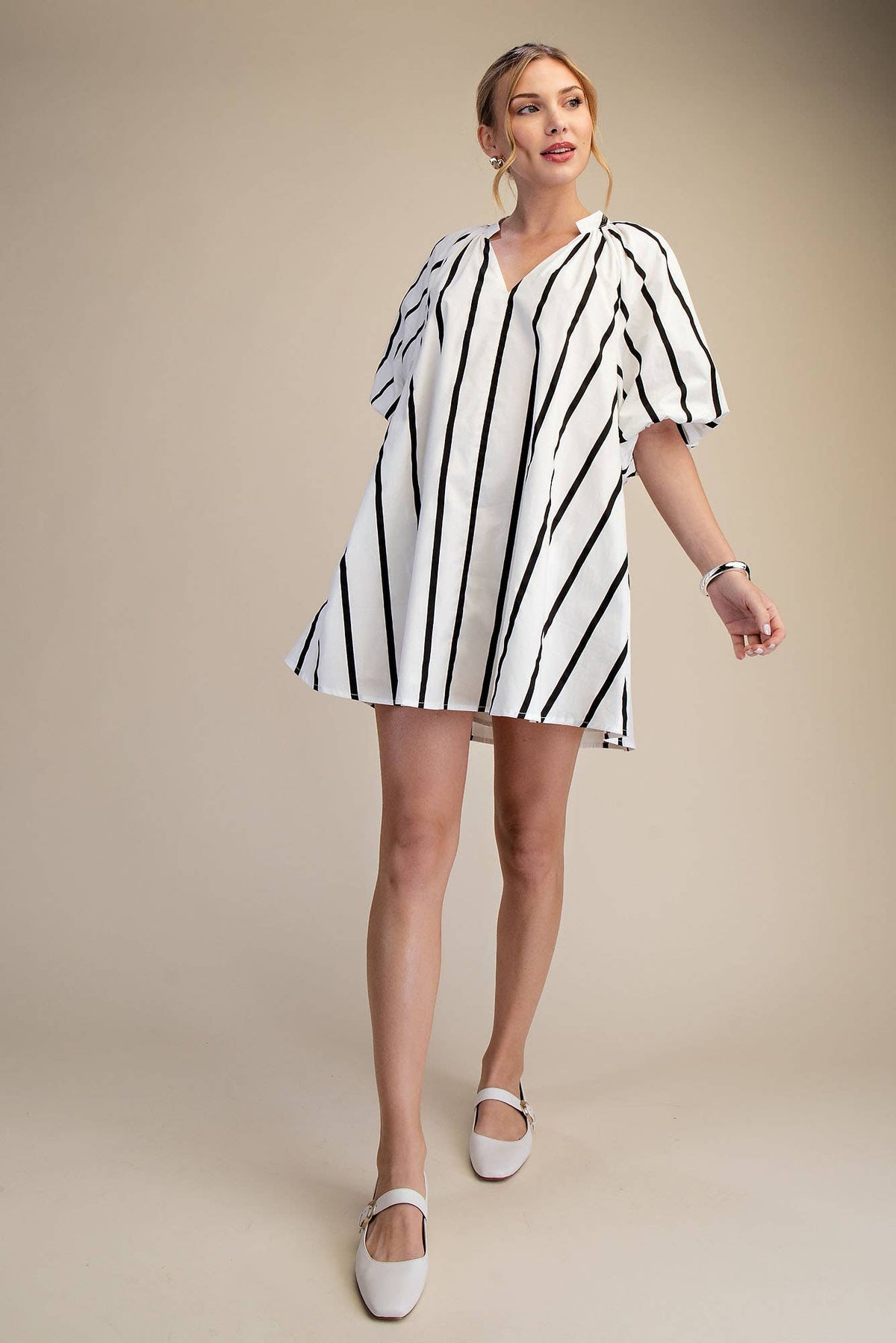 Glam - Puff-Sleeve Stripe Mini Shift Dress