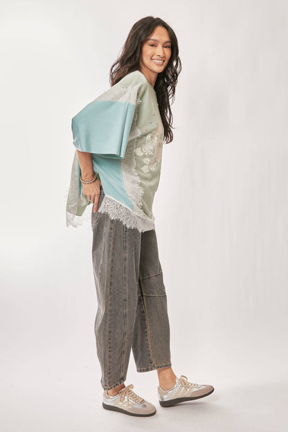 PLUS YOU ARE MY LOVE PRINT LACE SHORT SLEEVE TOP