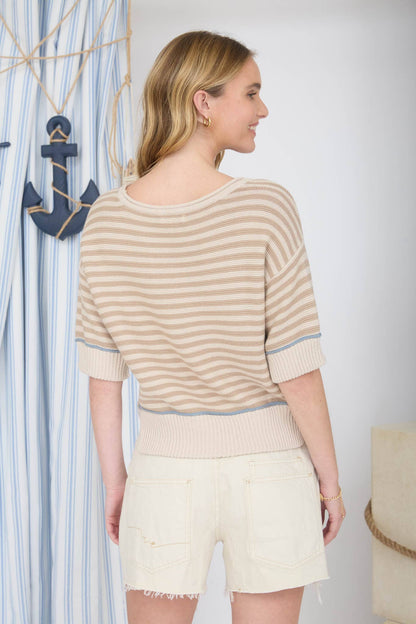 STRIPE RAW EDGE DETAIL CONTRAST TRIM SWEATER