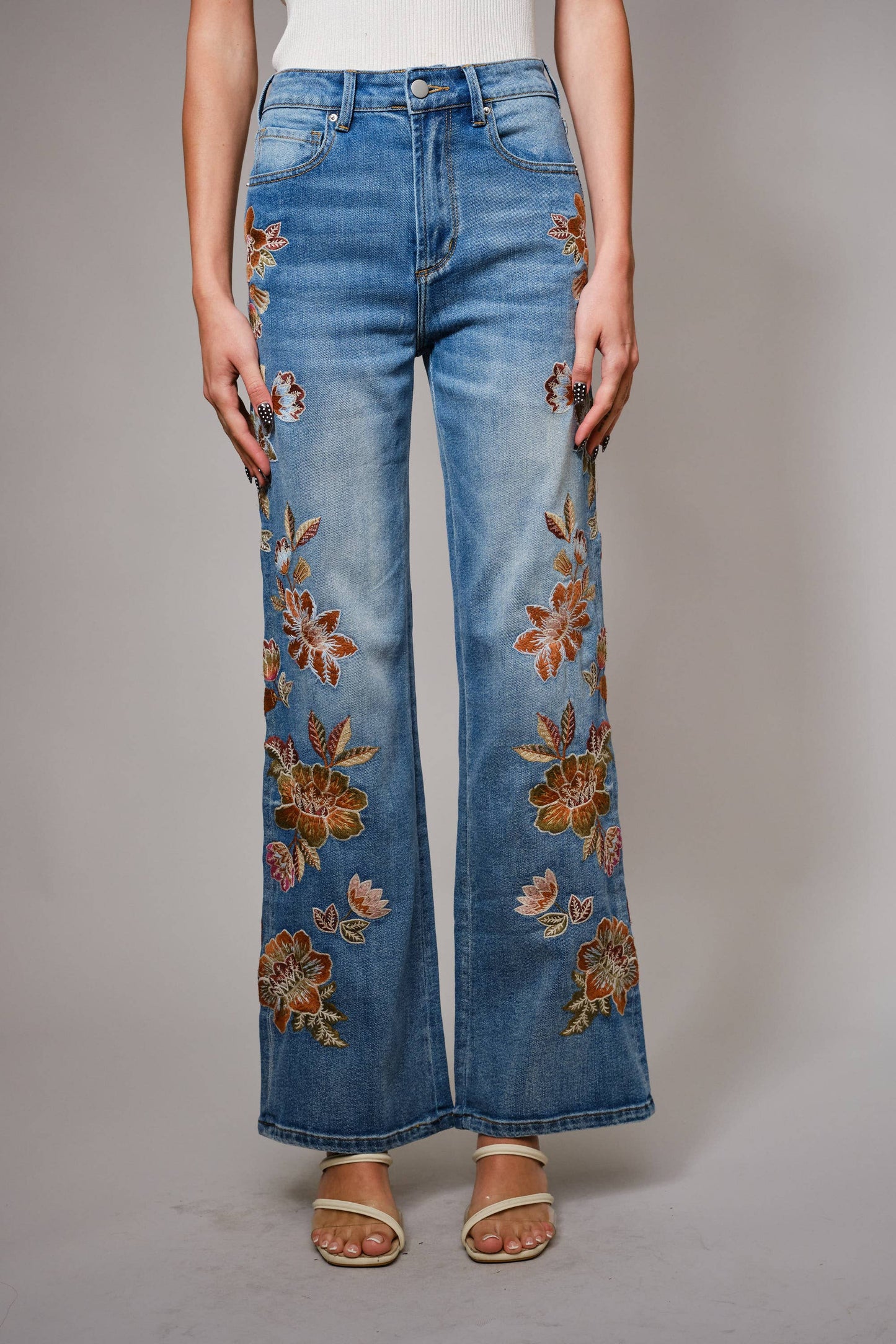 Blue B - 91502P - Flower Embroidery High Waist Flare Jean
