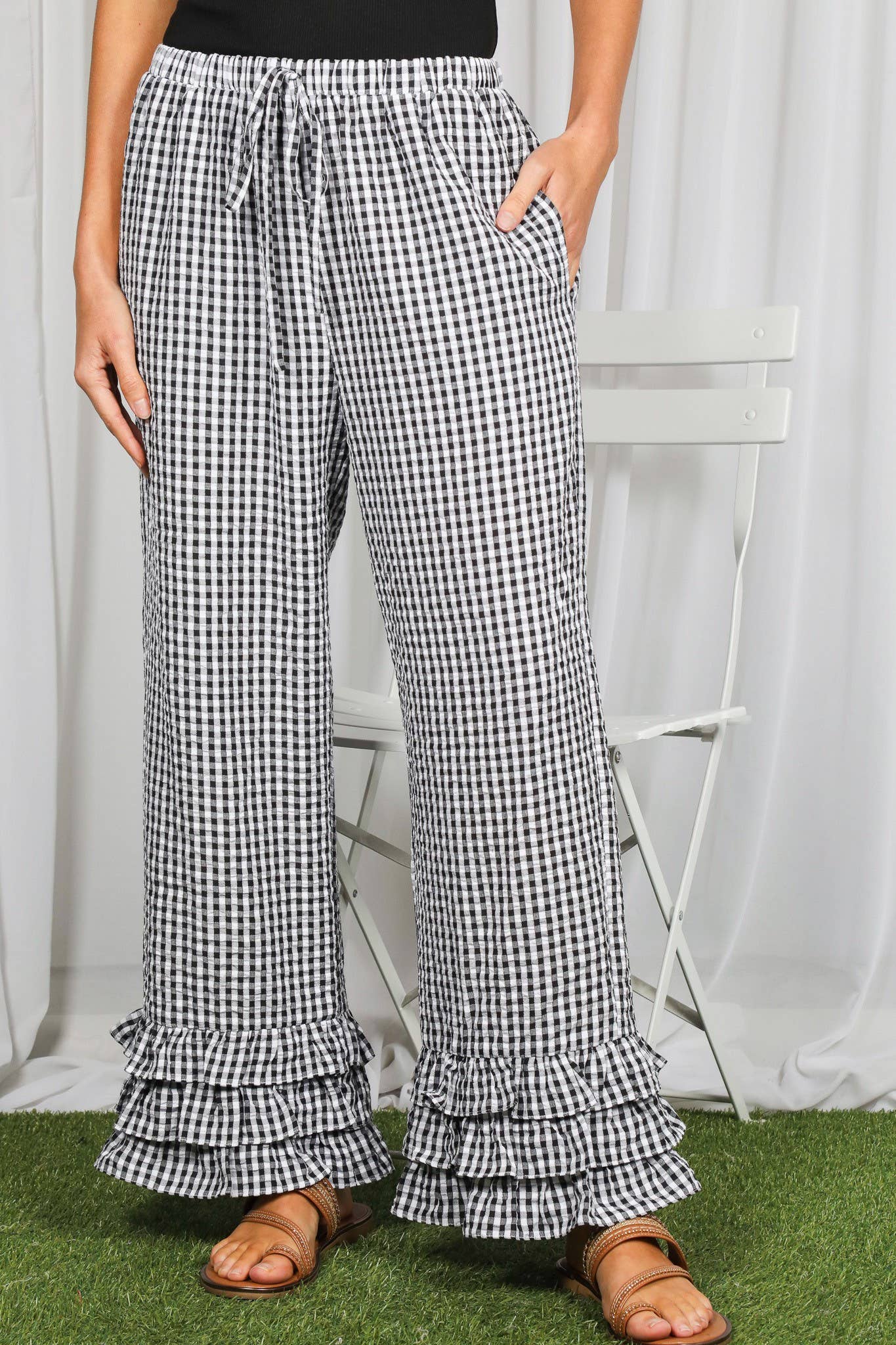 Vine & Love - Gingham Layered Ruffle Hem Cropped Pants VP83333A