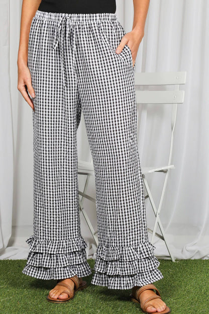 Vine & Love - Gingham Layered Ruffle Hem Cropped Pants VP83333A