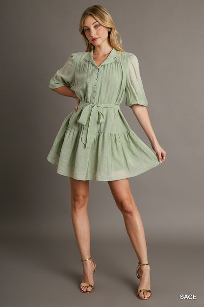 Sage Green Mandarin Collar Fabric Button Down Dress with Short Puff Sleeves & Front Tie Belt