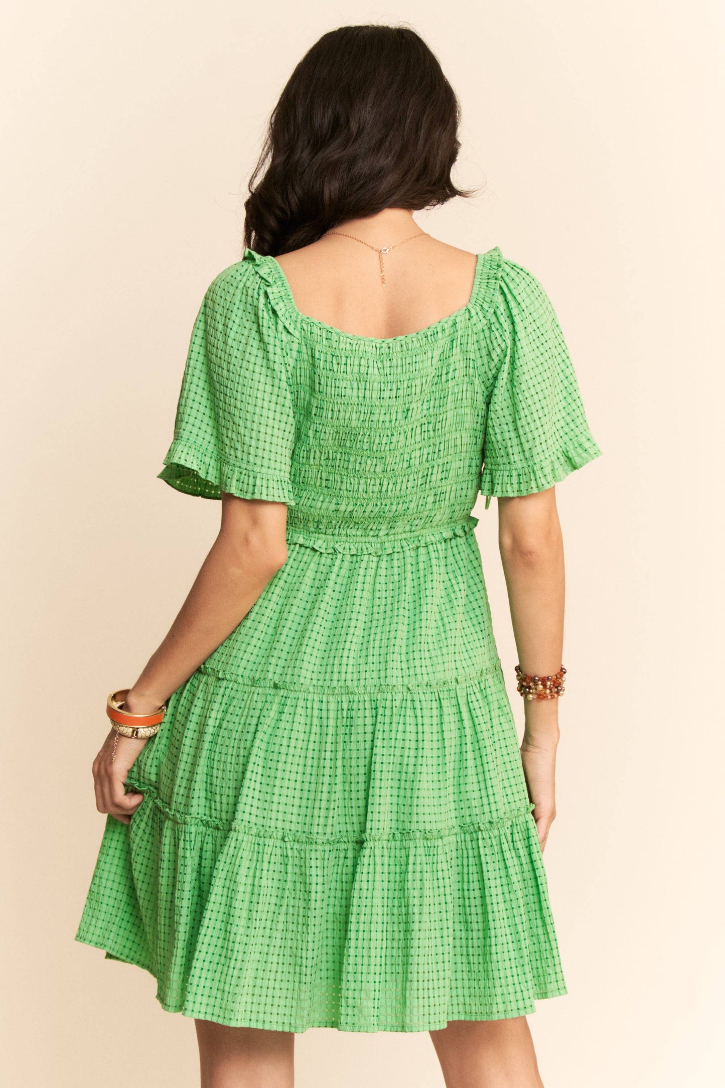 PLUS SMOCKING BODICE RUFFLE SLEEVE TIERED DRESS