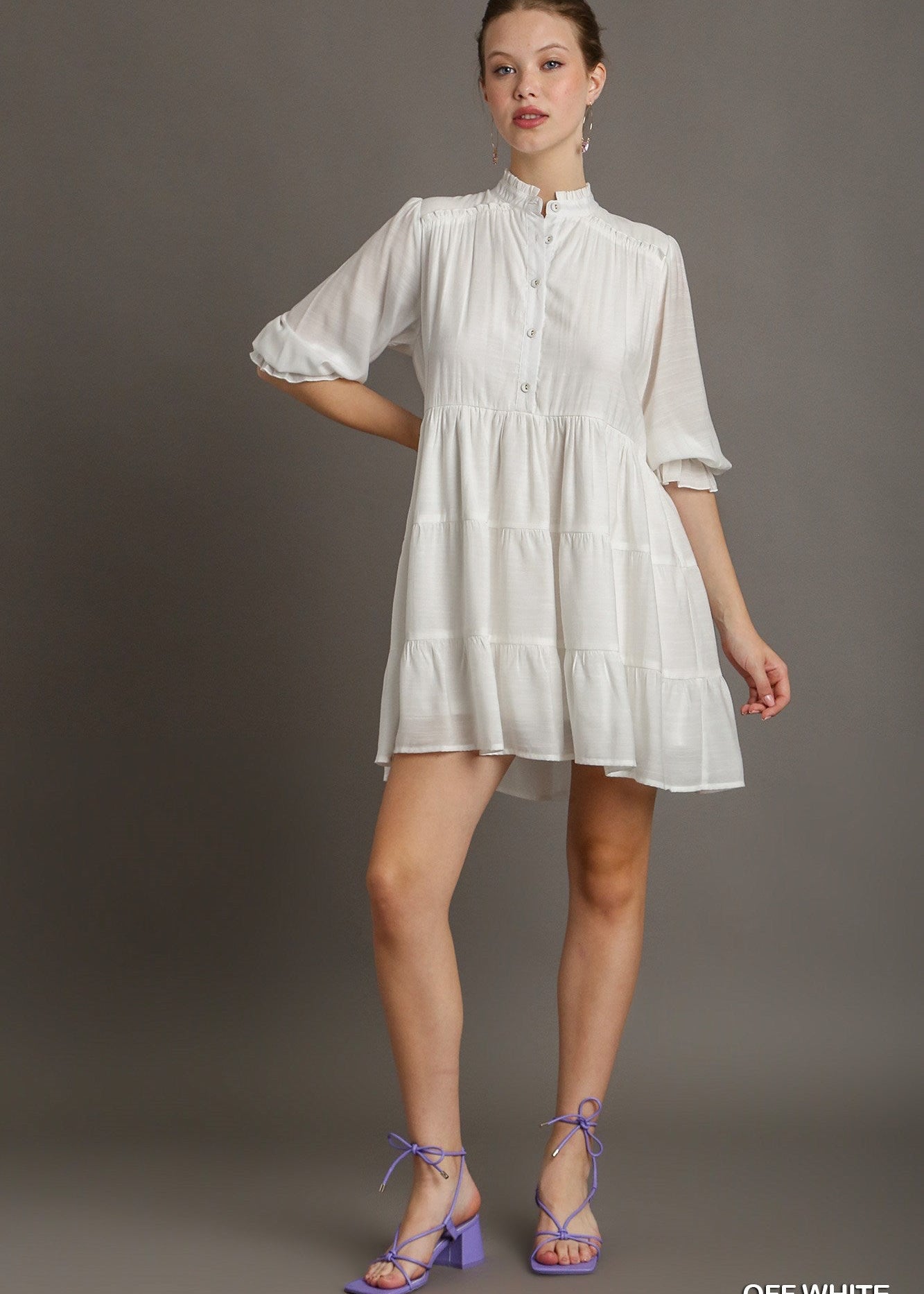 Tiered puff sleeve button-front mini dress