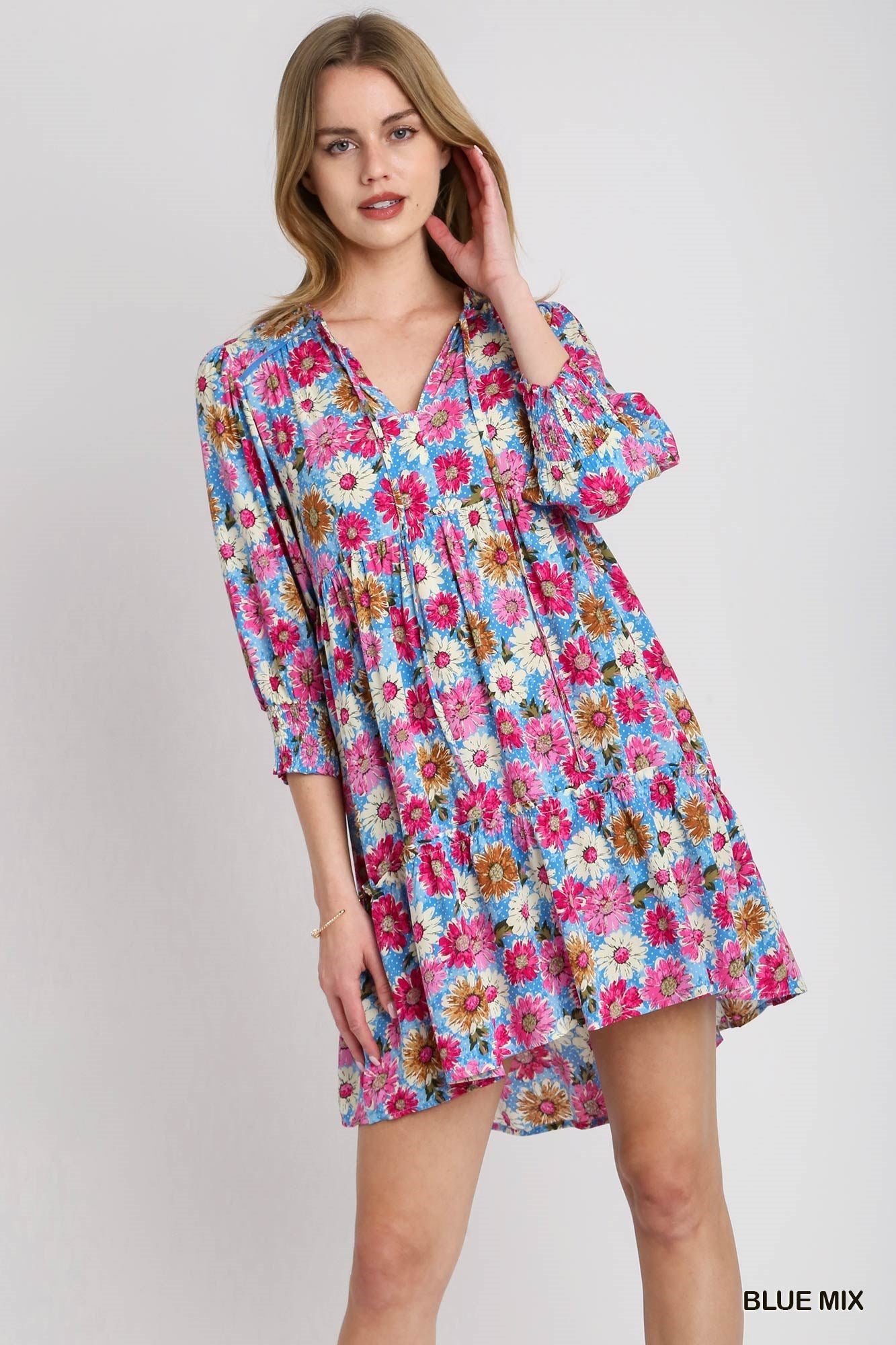 Flower Print Ruffle Tiered Mini Dress with V-Neck Ruffle, Front Tie & Piping