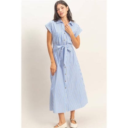Striped Poplin Belted Shirt Dress With Pockets