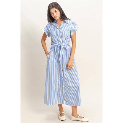 Striped Poplin Belted Shirt Dress With Pockets